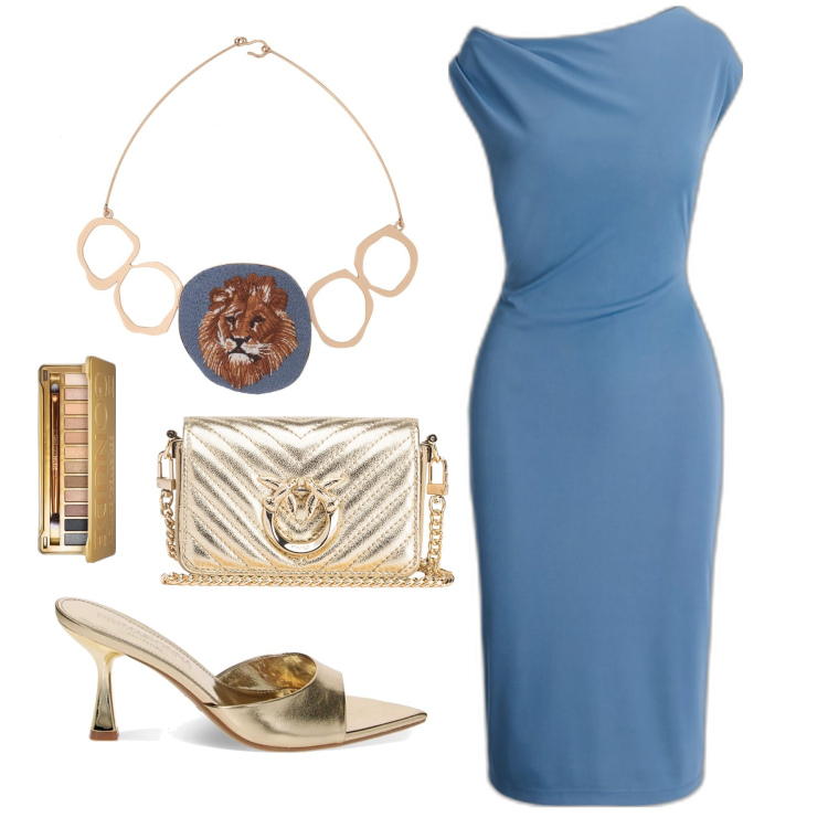 Outfit donna - Accessori preziosi. Stile Glamour per Serata fuori. Abbinamento con collane, ombretti, borse a tracolla, pantofole, vestiti a tubino.