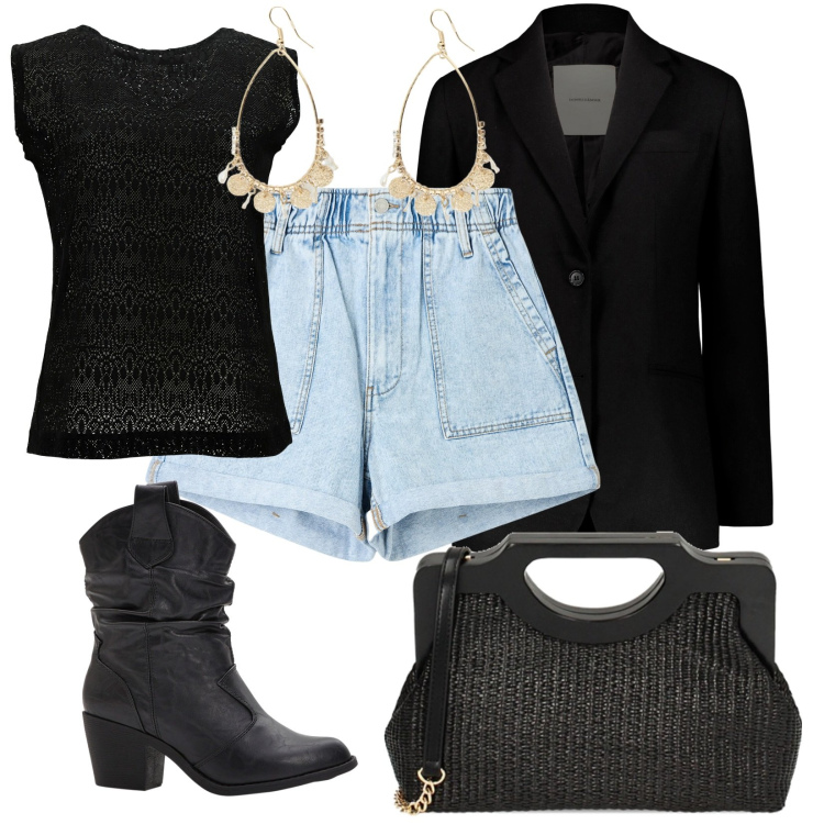 Outfit donna - Primi caldi. Stile Rock per Tutti i giorni. Abbinamento con stivaletti texani, shorts, t-shirt, borse a mano, orecchini, blazer.