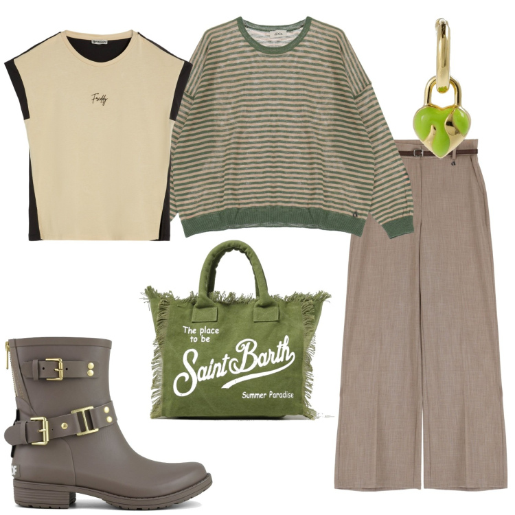 Outfit donna - Weekend in agriturismo. Stile Casual per Tutti i giorni. Abbinamento con t-shirt, pullovers, pantaloni, stivali, orecchini, borse a spalla.
