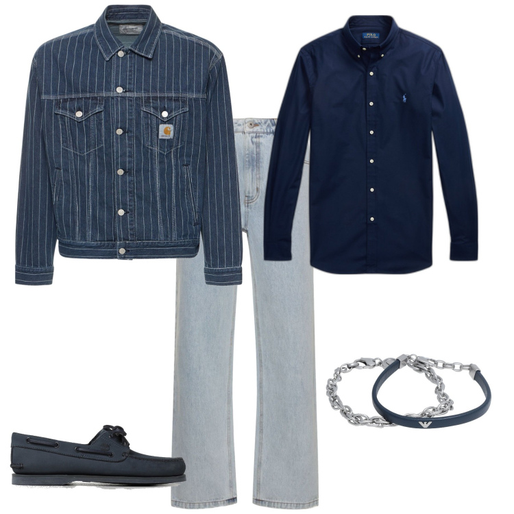 Outfit uomo - Casual serata. Stile Casual per Serata speciale. Abbinamento con braccialetti, camicie, giacche, jeans, scarpe stringate.