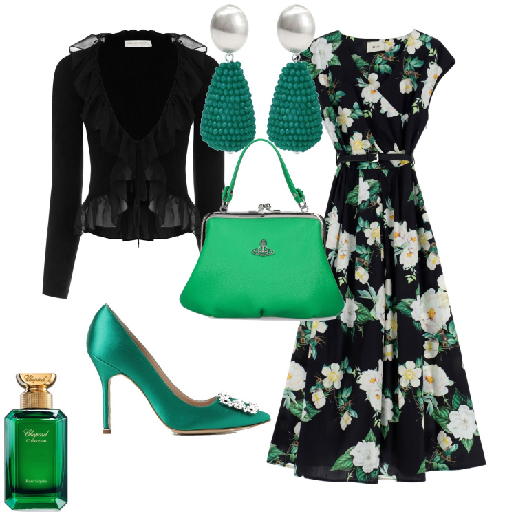 Outfit donna - Romantica chic evento serata speciale. Stile Romantica per Serata fuori. Abbinamento con orecchini, profumi, cardigans, vestiti lunghi, borse a mano, décolleté.