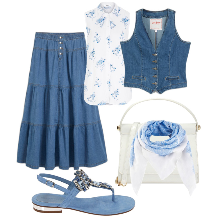 Outfit donna - Mix must have: denim, gilet, pastello. Stile Trendy per Tutti i giorni. Abbinamento con gilet, gonne, foulard, camicie, ciabatte, pochette.