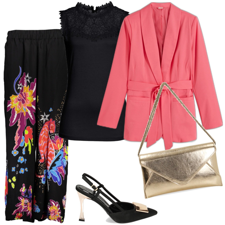 Outfit donna - Il blazer stiloso. Stile Glamour per Serata fuori. Abbinamento con top, blazer, décolleté, pochette, pantaloni.
