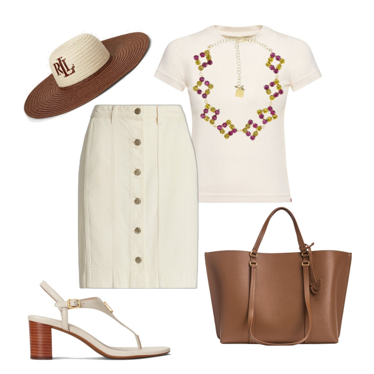 Outfit donna - Gonna jeans & t-shirt con classe. Stile Casual chic per Tutti i giorni. Abbinamento con shopping bag, cappelli, minigonne, sandali in pelle, t-shirt, collane.