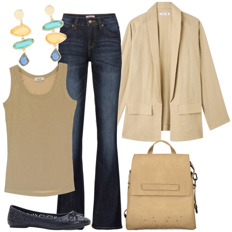 Outfit donna - Piccolo budget. Stile Basic per Tutti i giorni. Abbinamento con jeans bootcut, ballerine, blazer, top, orecchini, zaini.