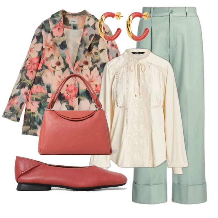 Outfit donna - Blazer mania. Stile Glamour per Cerimonia. Abbinamento con orecchini, pantaloni, bluse, blazer, ballerine, borse a spalla.