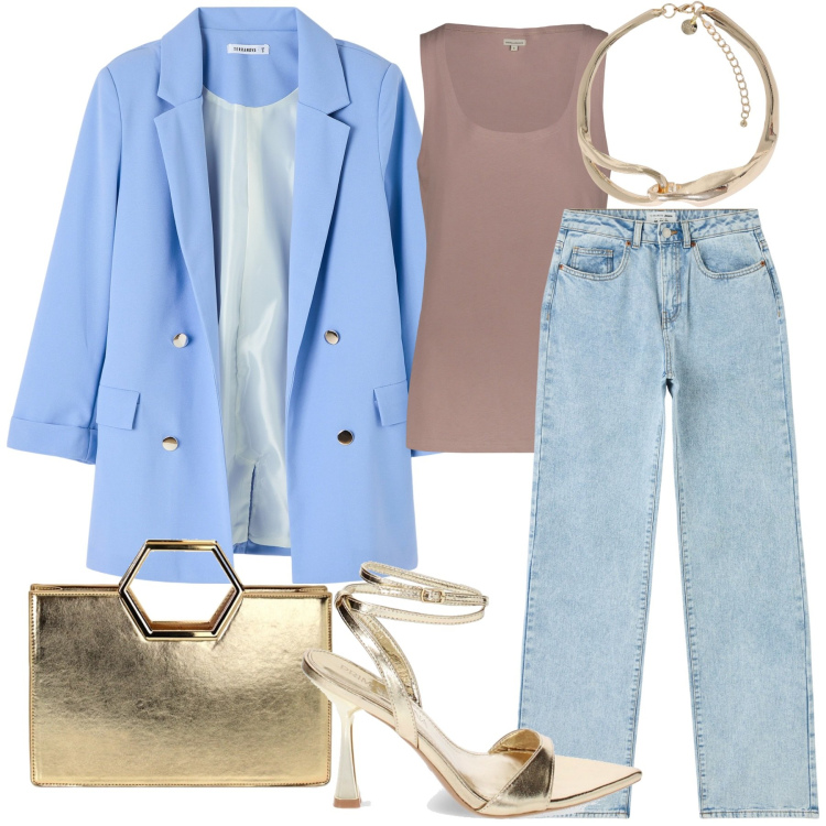 Outfit donna - Aperitivo con le amiche. Stile Casual chic per Tutti i giorni. Abbinamento con collane, sandali col tacco, borse a mano, canottiere, jeans dritti, blazer.