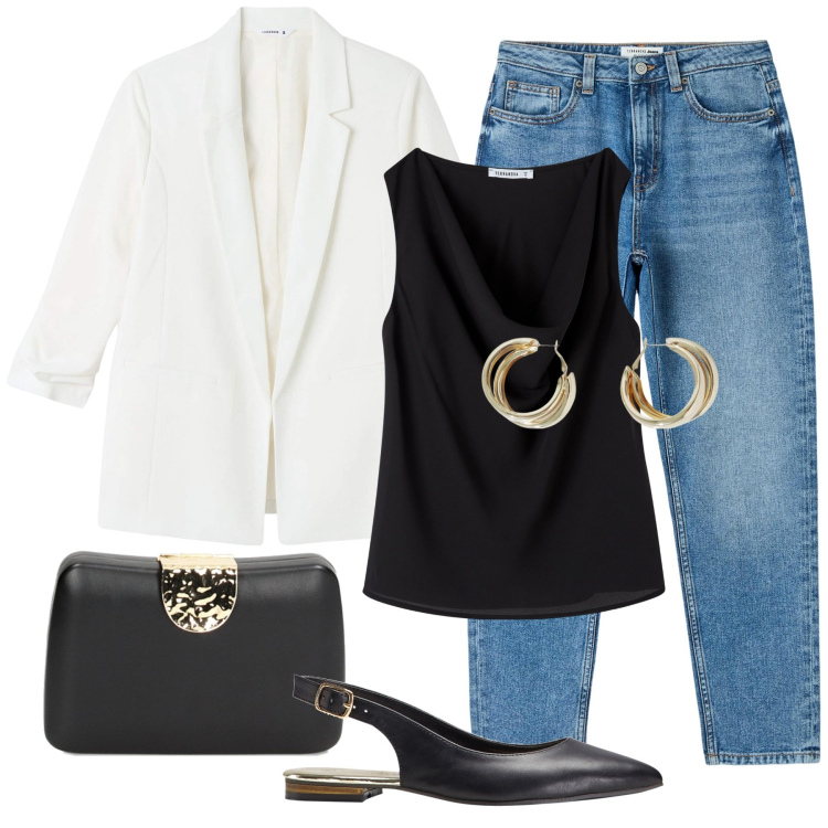 Outfit donna - Il blazer bianco. Stile Casual chic per Tutti i giorni. Abbinamento con ballerine, orecchini, clutch, jeans mom, top, blazer.