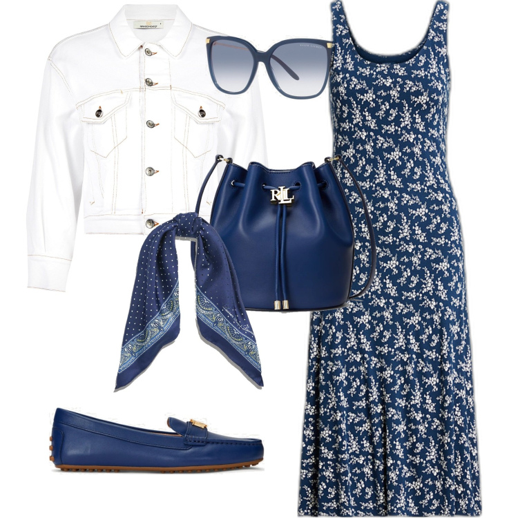 Outfit donna - Trendy pomeriggio a passeggio. Stile Trendy per Tutti i giorni. Abbinamento con blazer, mocassini, vestiti, foulard, borse a secchiello, occhiali da sole.