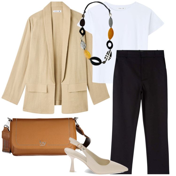 Outfit donna - Blazer blazer. Stile Casual per Tutti i giorni. Abbinamento con collane, décolleté, blazer, pantaloni chino, t-shirt, borse a spalla.