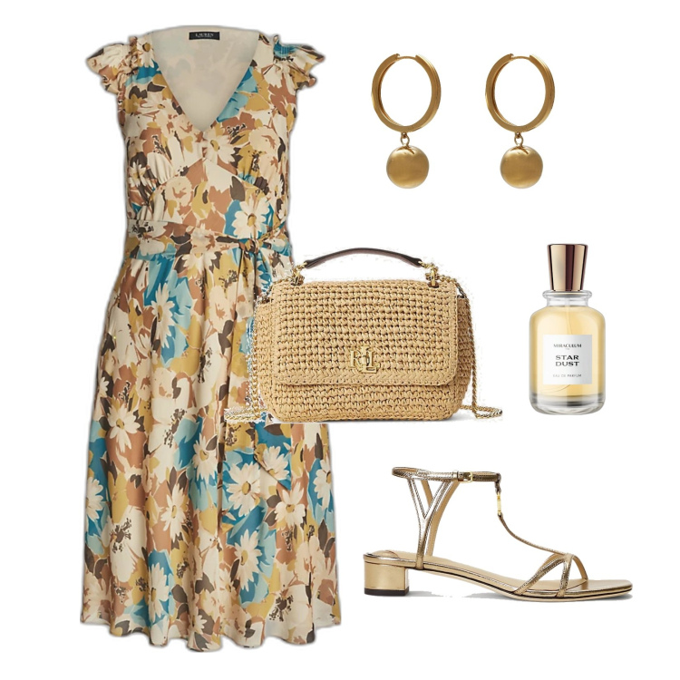 Outfit donna - Look Curvy. Stile Casual chic per Serata fuori. Abbinamento con orecchini, profumi, vestiti, borse a spalla, sandali in pelle.