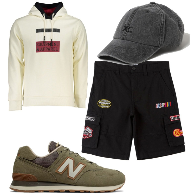 Outfit uomo - Total look #1877422. Stile Trendy per Tutti i giorni. Abbinamento con bermuda, sneakers, felpe con cappuccio, cappelli.