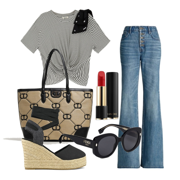Outfit donna - Ghost outfitter - maggio. Stile Trendy per Tutti i giorni. Abbinamento con rossetti, t-shirt, jeans, espadrillas, borse tote, occhiali da sole.