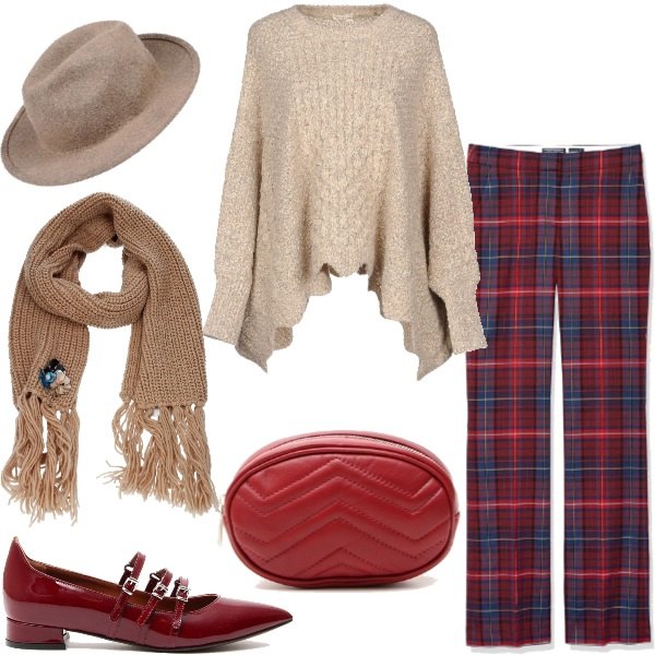Outfit donna - Pantaloni tartan. Stile Trendy per Tutti i giorni. Abbinamento con pullover melange lavorato a maglia collo tondo a maniche lunghe 70% lana, cappello interno sfoderato tinta unita, sciarpa con frange rosa, pantalone rosso, ballerine effetto vernice con tacco largo e cinturino, marsupio con fibbia interno foderato con tracolla regolabile.