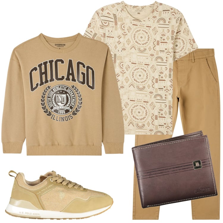 Outfit uomo - Kaki mania. Stile Casual per Tutti i giorni. Abbinamento con t-shirt, pantaloni skinny, felpe, portafogli, scarpe sportive.