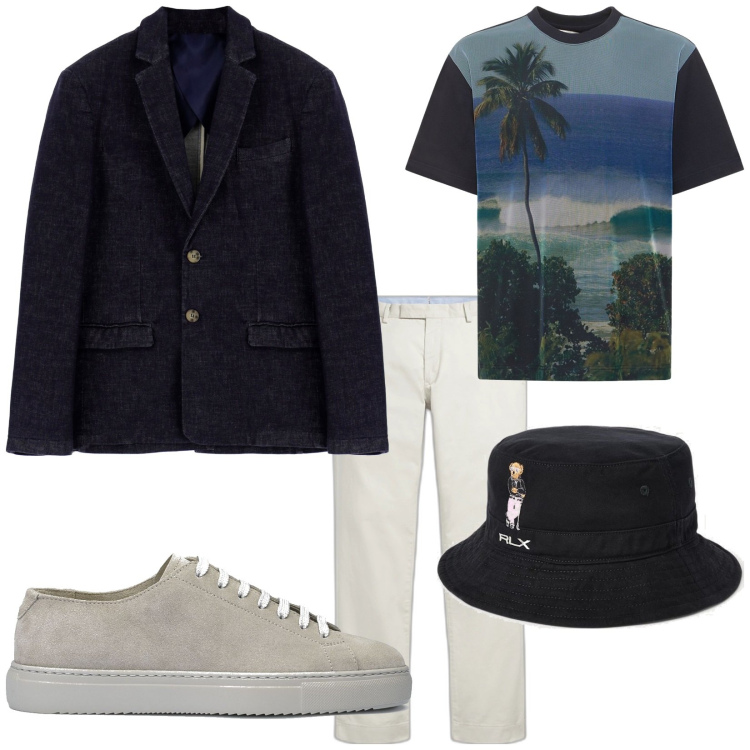 Outfit uomo - Giacca e trendy. Stile Trendy per Tutti i giorni. Abbinamento con giacche, pantaloni chino, cappelli, t-shirt, sneakers.