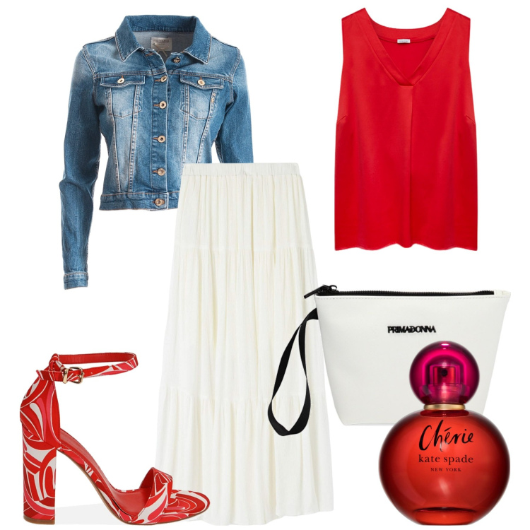 Outfit donna - Maggio con gusto. Stile Trendy per Tutti i giorni. Abbinamento con profumi, gonne lunghe, blazer, sandali col tacco, valigie, top.