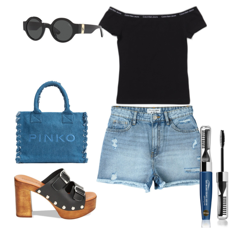 Outfit donna - Glamour passeggiata sul lungomare. Stile Glamour per Mare. Abbinamento con mascara, shorts, shopping bag, zoccoli, occhiali da sole, top.