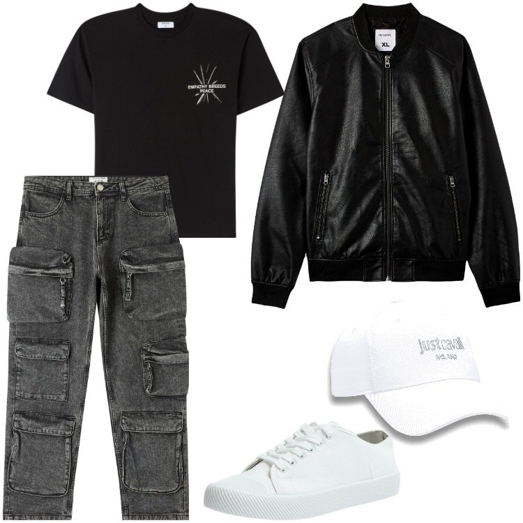 Outfit uomo - Total look #1877542. Stile Trendy per Tutti i giorni. Abbinamento con t-shirt, sneakers, bomber, jeans, cappelli con visiera.