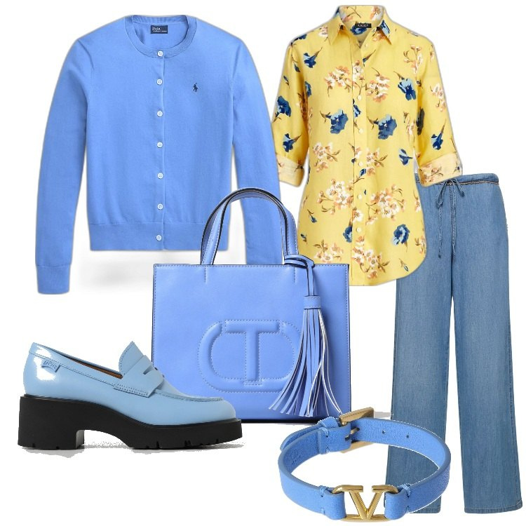 Outfit donna - Weekend in campagna casual chic e comfy. Stile Casual chic per Tutti i giorni. Abbinamento con cardigans, camicie, pantaloni, mocassini, braccialetti, borse a mano.