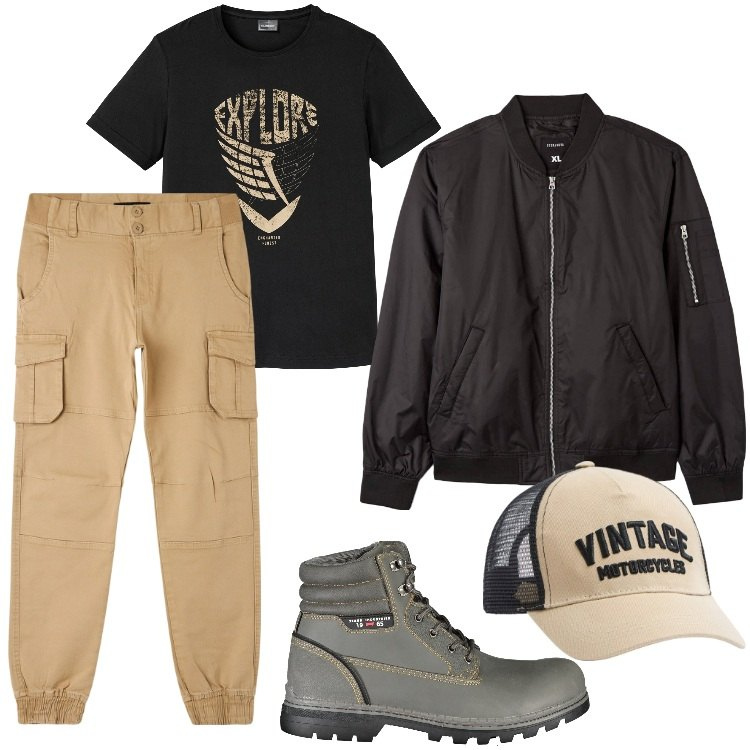 Outfit uomo - Total look #1877545. Stile Trendy per Tutti i giorni. Abbinamento con t-shirt, pantaloni cargo, bomber, cappelli, stivali.