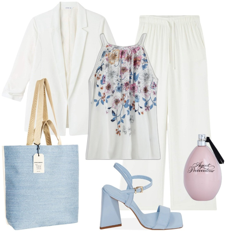 Outfit donna - Il top a fiori. Stile Casual chic per Ufficio. Abbinamento con top, profumi, pantaloni, blazer, borse tote, sandali col tacco.