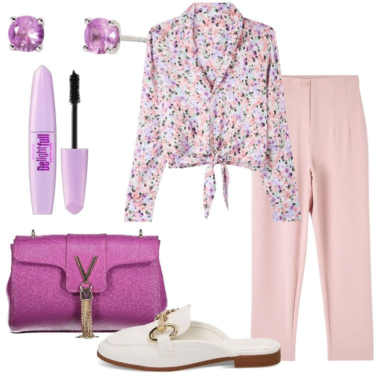 Outfit donna - I pantaloni leggeri. Stile Casual chic per Serata fuori. Abbinamento con mascara, pantaloni chino, camicie, orecchini, sabot, borse a tracolla.