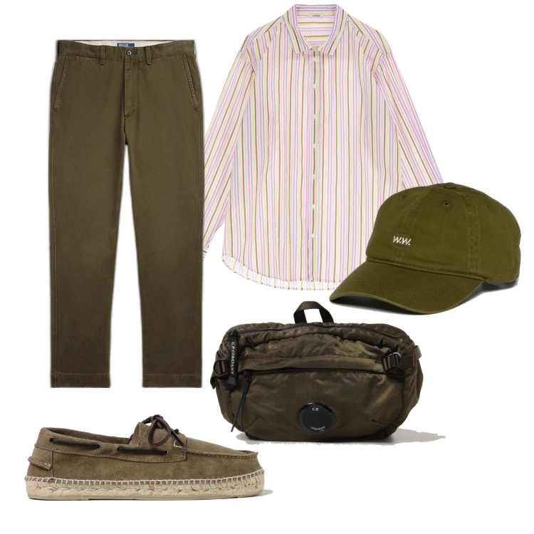 Outfit uomo - Tra il verde e il marrone. Stile Trendy per Tutti i giorni. Abbinamento con pantaloni, camicie, scarpe stringate, cappelli con visiera, borse sportive.