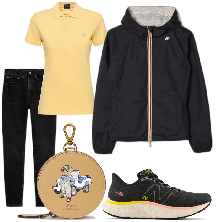Outfit donna - Irrinunciabile K-Way. Stile Urban per Tutti i giorni. Abbinamento con sneakers, jeans slim fit, portamonete, blazer, polo.