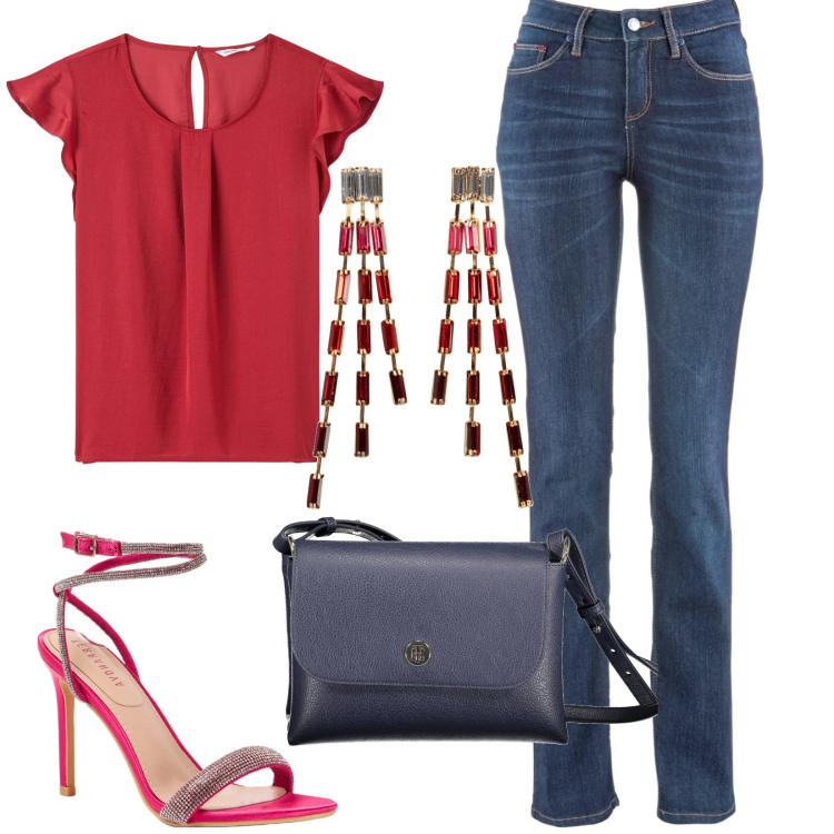 Outfit donna - Easy to wear. Stile Casual chic per Tutti i giorni. Abbinamento con orecchini, jeans dritti, bluse, sandali col tacco, borse a spalla.