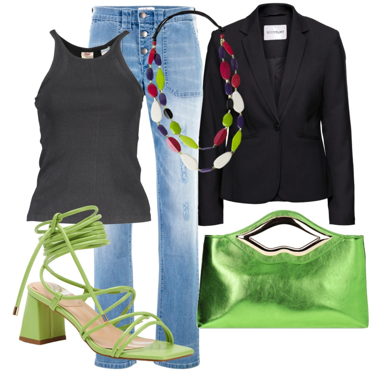 Outfit donna - Verde acido. Stile Casual chic per Tutti i giorni. Abbinamento con jeans boyfriend, blazer, sandali alla schiava, pochette, camicie, collane.