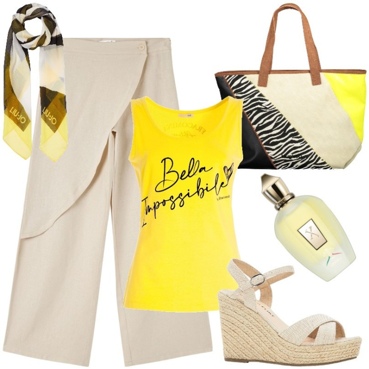 Outfit donna - Foulard in testa stile anni ’70. Stile Casual per Tutti i giorni. Abbinamento con sandali, profumi, pantaloni, canottiere, borse a spalla, foulard.