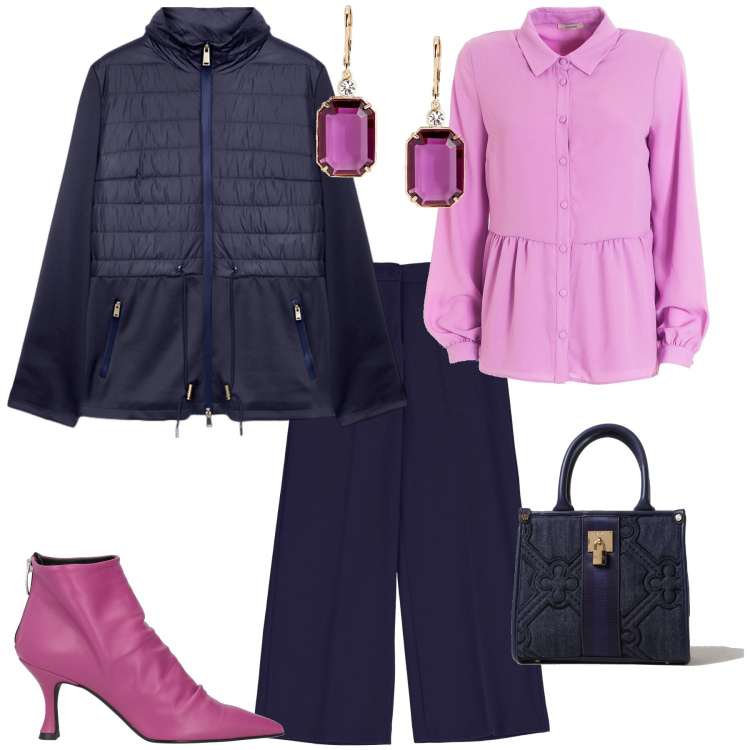 Outfit donna - Trendy con la ️ ufficio o week end. Stile Trendy per Ufficio. Abbinamento con stivaletti, camicie, pantaloni, orecchini, piumini, borse tote.