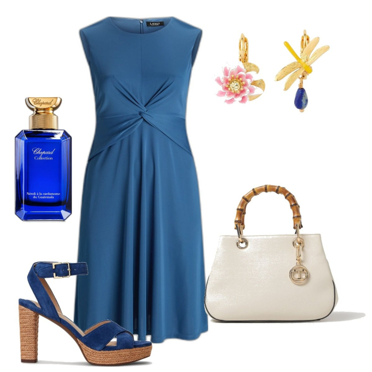 Outfit donna - Casual ma elegante, Donna Curvy. Stile Casual chic per Scuola/Università. Abbinamento con orecchini, profumi, vestiti, sandali col tacco, borse a mano.
