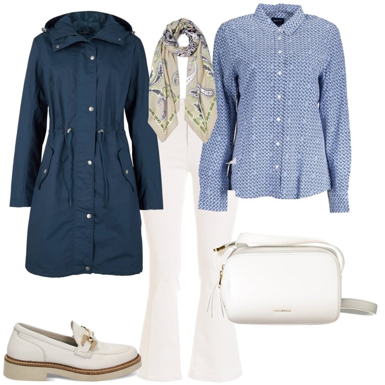 Outfit donna - Trendy giornata di ️ ufficio o week end. Stile Trendy per Ufficio. Abbinamento con parka, jeans, mocassini, camicie, borse a tracolla, foulard.