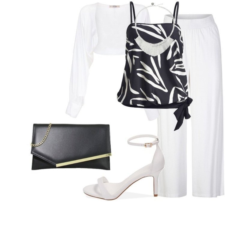 Outfit donna - Delizioso Bolero in tessuto fluido. Stile Chic per Tutti i giorni. Abbinamento con pantaloni, top, collane, blazer, pochette, sandali col tacco.