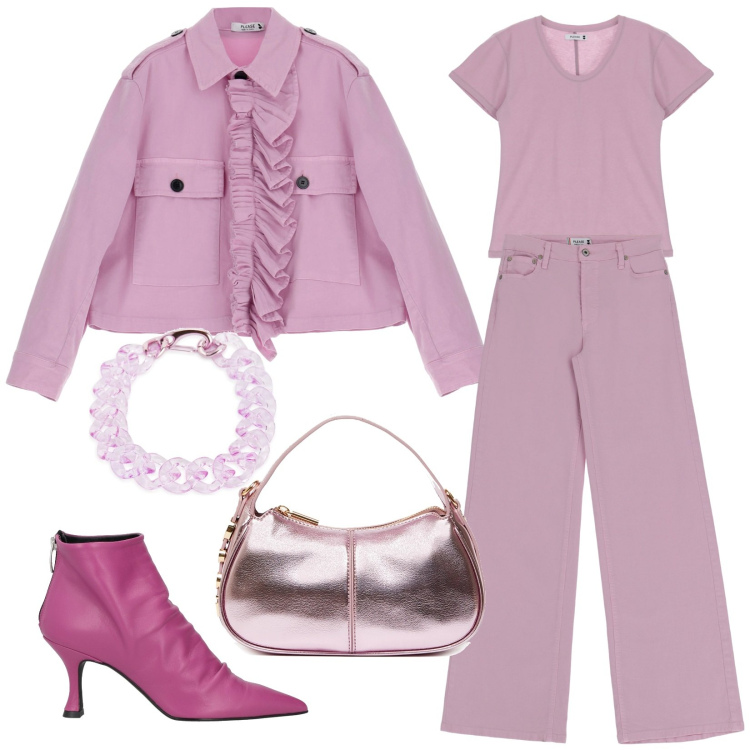 Outfit donna - Aperitivo in centro. per Tutti i giorni. Abbinamento con stivaletti, collane, blazer, pantaloni, t-shirt, borse a mano.