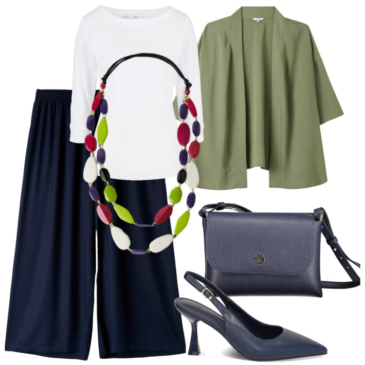 Outfit donna - Casual ma elegante - Curvy sopra la 50. Stile Casual chic per Tutti i giorni. Abbinamento con maglieria, kimono, pantaloni a palazzo, décolleté, collane, borse a spalla.