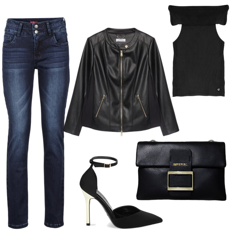 Outfit donna - Seducente. Stile Casual chic per Serata fuori. Abbinamento con jeans, top, pochette, décolleté, blazer.