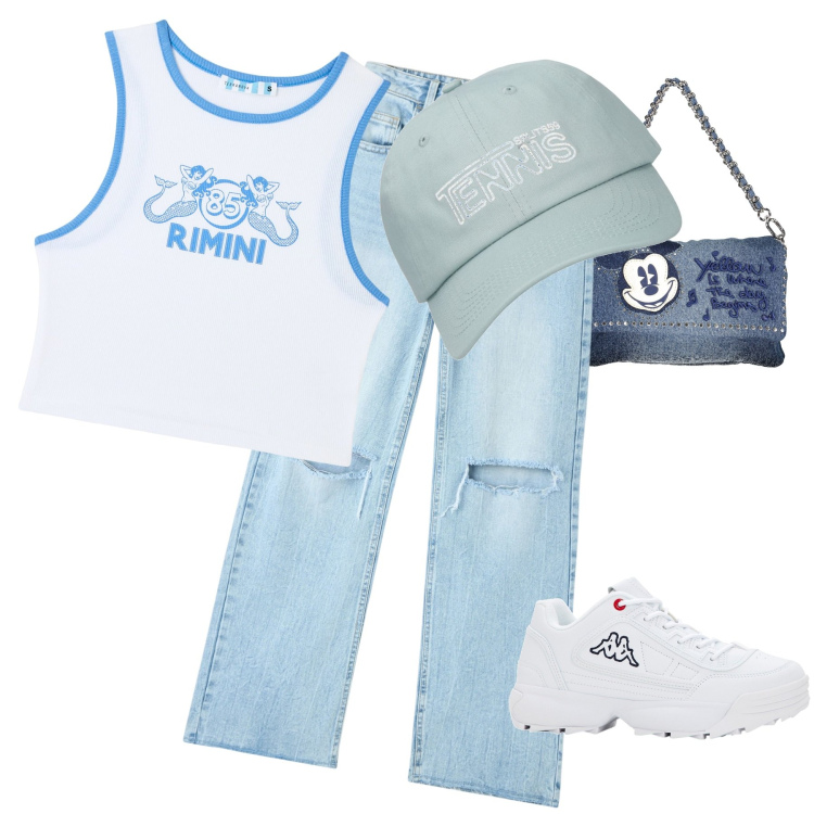Outfit donna - Giornata con gli amici. Stile Chic per Tutti i giorni. Abbinamento con sneakers, jeans strappati, canottiere, borse a spalla, cappelli.