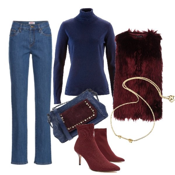 Outfit donna - Ross&Blu per un drink. Stile Basic per Serata fuori. Abbinamento con maglieria, jeans in denim elasticizzato blu, gilet, borsa a tracolla fantasia in pelle martellata taglia media con zip interno foderato con tasca interna, stivaletti bordeaux, collana.