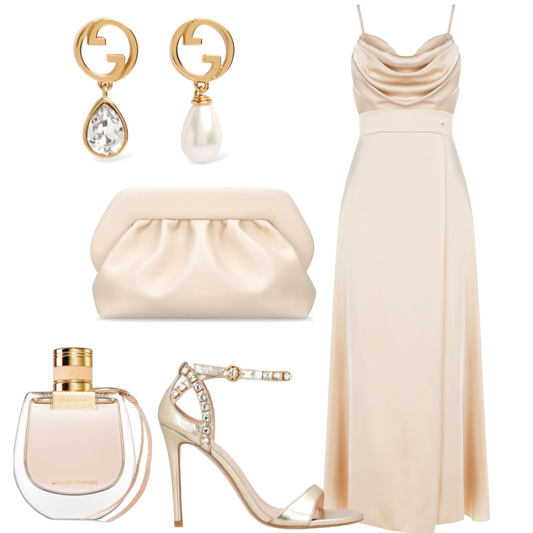 Outfit donna - Semplicità nell’eleganza. Stile Chic per Cerimonia. Abbinamento con profumi, sandali in pelle, vestiti lunghi, orecchini, pochette.