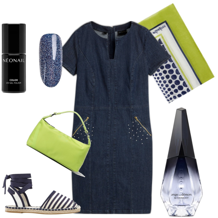 Outfit donna - Denim e verde. Abbinamento con vestiti lunghi, espadrillas, profumi, smalti, foulard, borse a spalla.