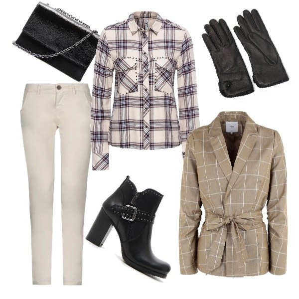 Outfit donna - abbinamento insolito. Stile Trendy per Tutti i giorni. Abbinamento con camicia con taschini e borchie bianco, pantalone con zip tinta unita, giacca, stivaletti, guanti, borsa a tracolla effetto vernice.