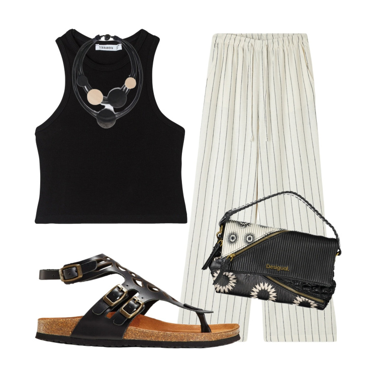 Outfit donna - Total look #1877744. Abbinamento con sandali in pelle, pantaloni, top, borse a spalla, collane.