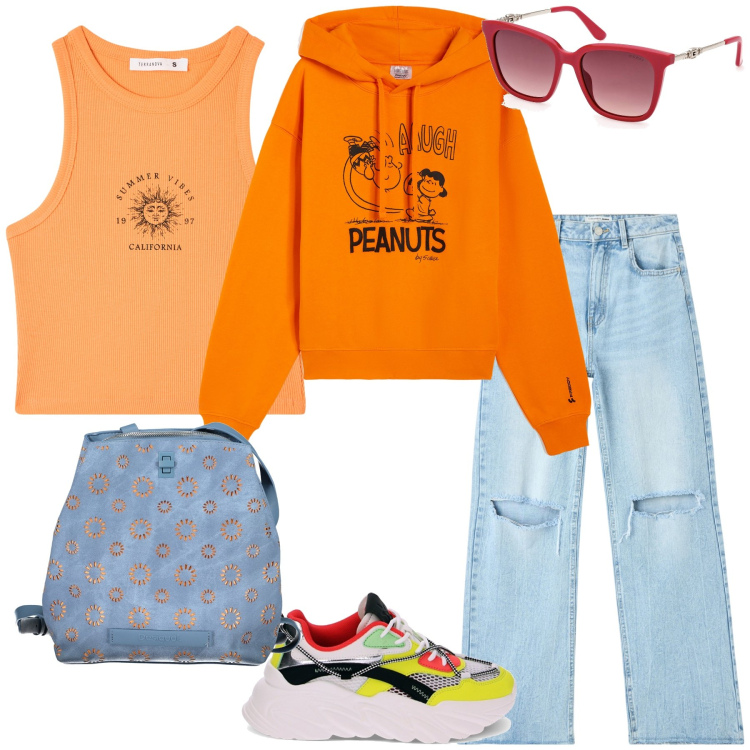 Outfit donna - Pomeriggio al parco. Stile Casual per Tutti i giorni. Abbinamento con jeans strappati, canottiere, felpe con cappuccio, sneakers, zaini, occhiali da sole.