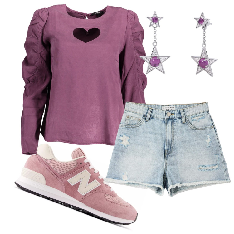Outfit donna - Romantic in pink. Stile Romantica per Tutti i giorni. Abbinamento con shorts, orecchini, sneakers, camicie.