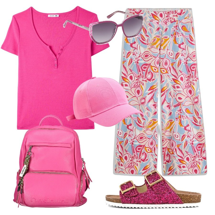 Outfit donna - Pantaloni leggeri. Stile Trendy per Mare. Abbinamento con pantaloni a palazzo, t-shirt, cappelli, sandali, zaini, occhiali da sole.