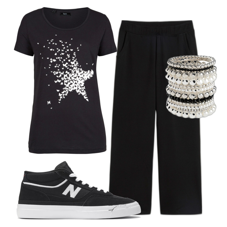 Outfit donna - Total look #1877808. Abbinamento con t-shirt, pantaloni a palazzo, braccialetti, sneakers.