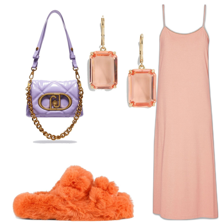 Outfit donna - Serata con abito lungo da diva. Stile Chic per Serata fuori. look ideale per Petite. Abbinamento con orecchini, ciabatte, vestiti corti, borse a tracolla.